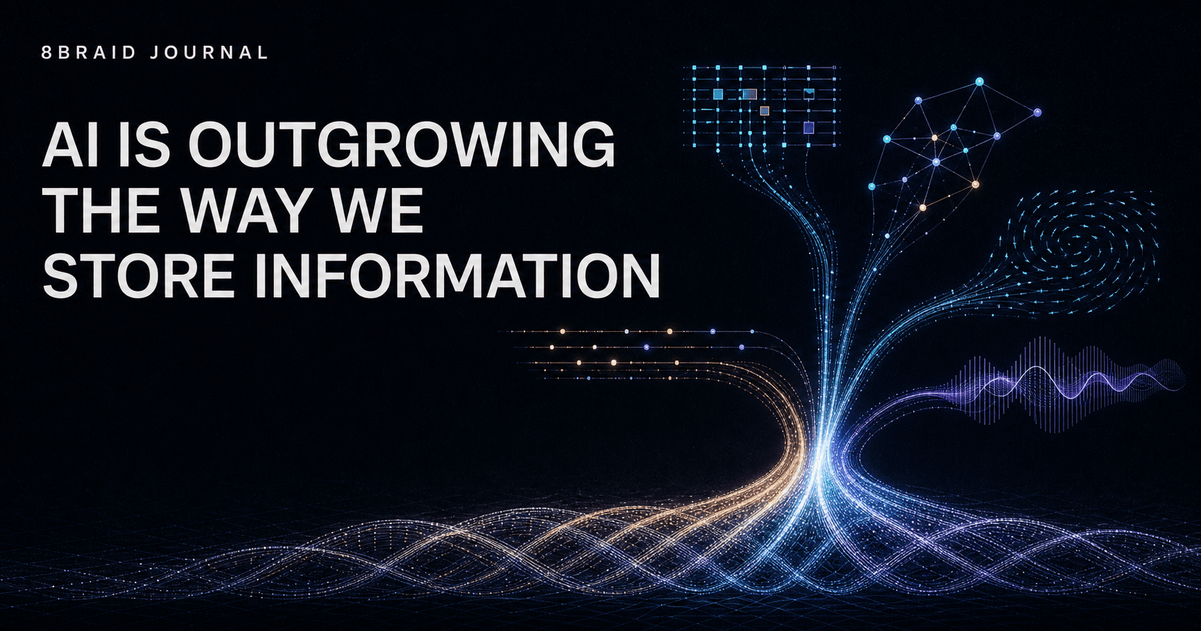 8Braid Journal: AI Is Outgrowing the Way We Store Information. A luminous information substrate branches into table, graph, vector and media views.