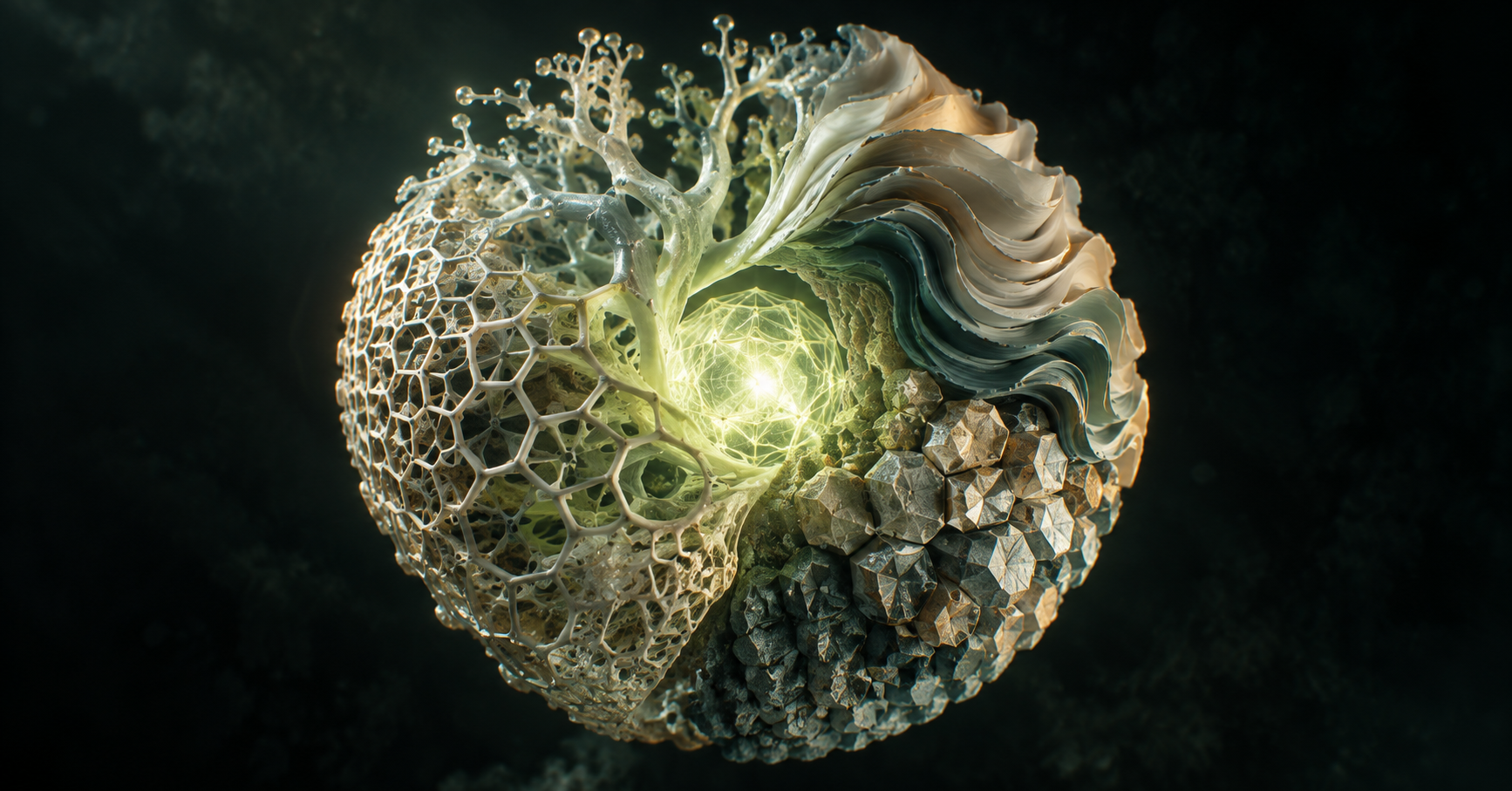 Conceptual editorial illustration: a single sculptural form reveals branching connections, a geometric lattice, layered contours and crystalline cells around a luminous shared centre.